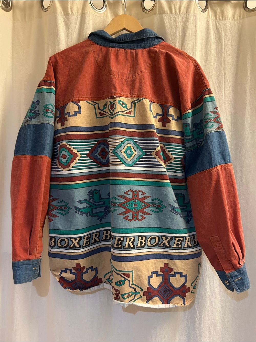 Vintage Boxer Southwestern Patchwork Button-Up Shirt- Rust, Teal